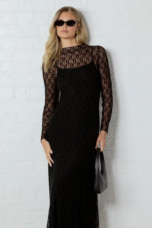 Image of Dresses. Product name - Keepsake Black Lace Long Sleeve Maxi Dress in Black Lace colour by brand - Among the Brave