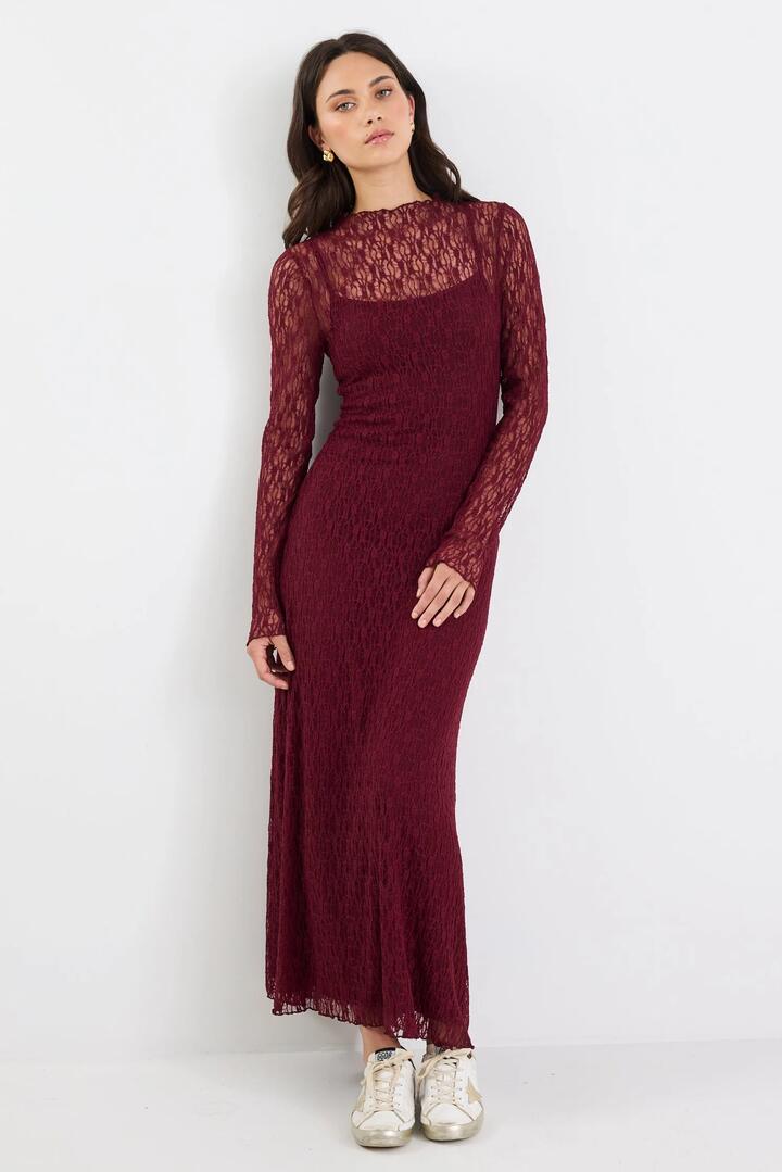 Image of Dresses. Product name - Keepsake Burgundy Lace Long Sleeve Maxi Dress in Burgundy Lace colour by brand - Among the Brave