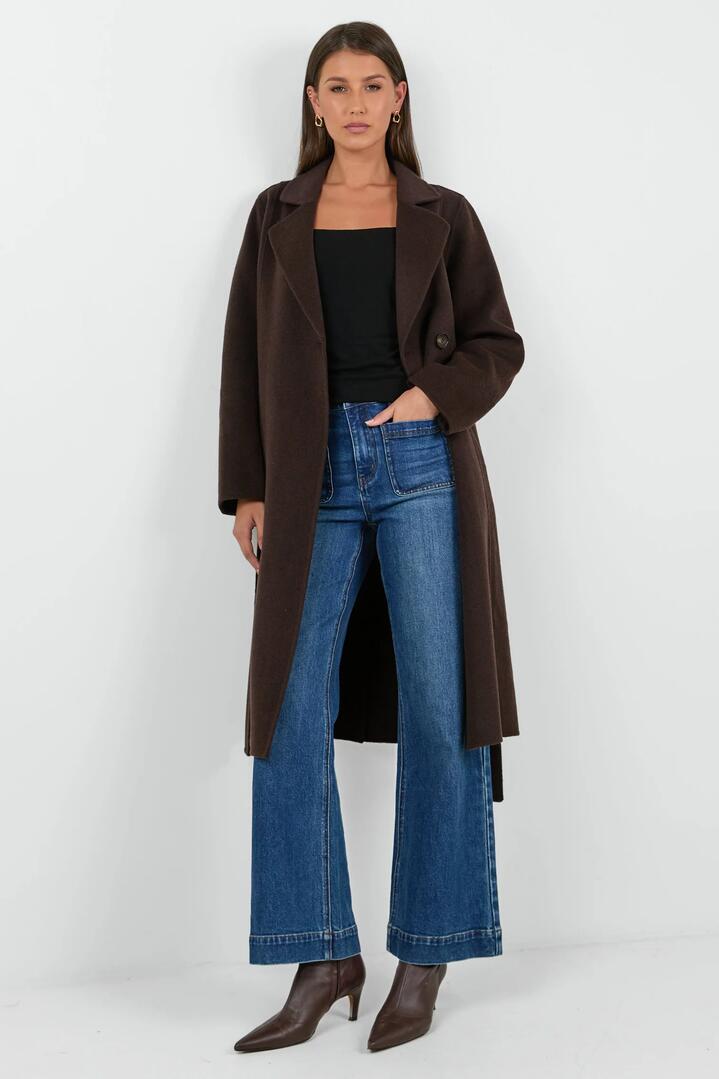 Image of Coats & Jackets. Product name - Provence Chocolate Melton Double Breasted Belted Coat in Chocolate Melton colour by brand - Ivy + Jack