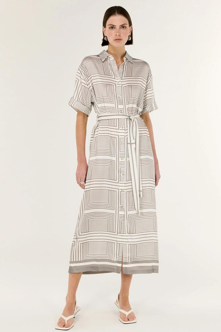 Image of Dresses. Product name - Siphon Geometric White Satin Twill Midi SS Shirt Dress in White colour by brand - Staple The Label