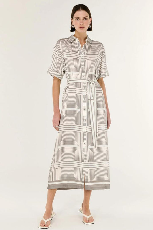 Image of Dresses. Product name - Siphon Geometric White Satin Twill Midi SS Shirt Dress in White colour by brand - Staple The Label