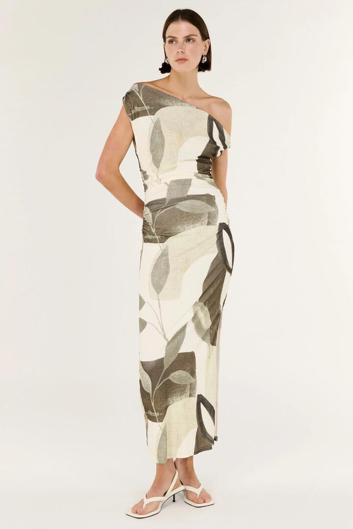 Image of Dresses. Product name - Ophiele Light Leaf Print Twist SS Mesh Midi Dress in White colour by brand - Staple The Label