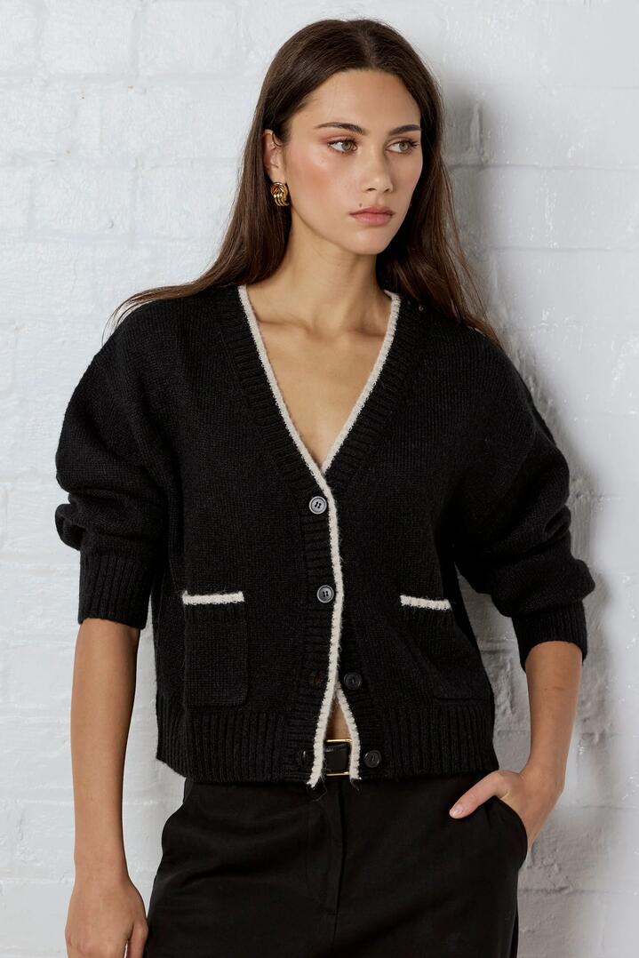Image of a model wearing Outerwear. Product name - Rapport Black V Neck Contrast Edge Cardigan in Black colour by brand - Ivy + Jack
