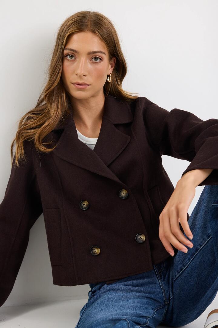 Image of Coats & Jackets. Product name - Reverie Chocolate Melton Double Breasted Peacoat in Chocolate Melton colour by brand - Ivy + Jack