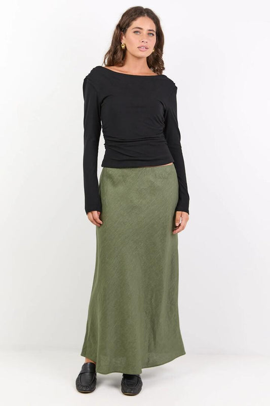 Image of a model wearing Skirts. Product name - Bliss Soft Khaki Linen Bias Midi Skirt in Soft Khaki colour by brand - RE:UNION Label