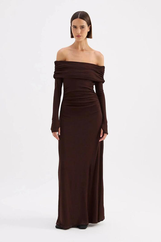 Image of Dresses. Product name - Rue Raisin Mesh Off Shoulder LS Maxi Dress in Brown colour by brand - Nude Lucy