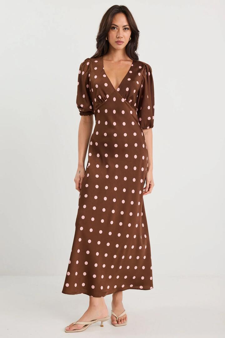 Image of Dresses. Product name - Paramour Chocolate Polka Dot Satin Puff Short Sleeve Bias Maxi Dress in Chocolate Polka Dot colour by brand - Georgia Zoe