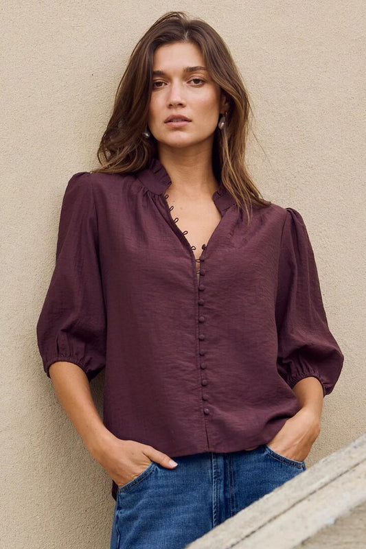 Image of a model wearing Tops. Product name - Continuance Chocolate Semi Sheer High Neck Buttoned Short Sleeve Top in Chocolate colour by brand - Ivy + Jack