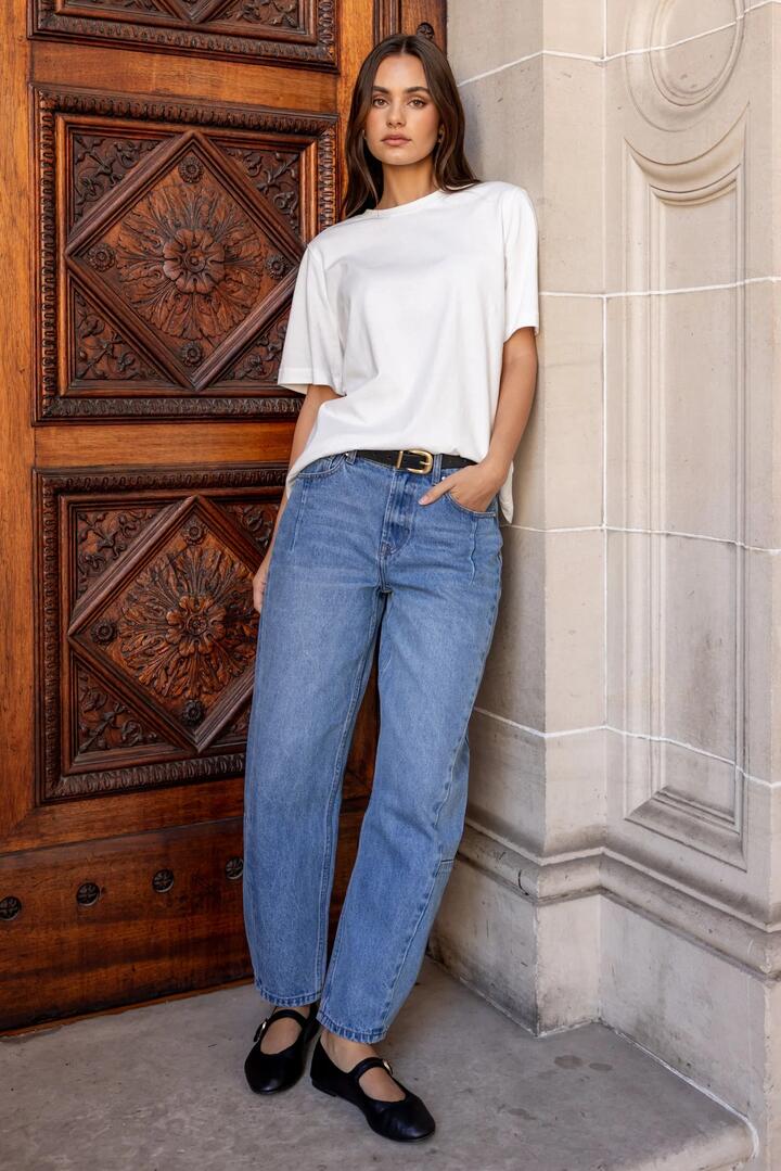 Image of Jeans. Product name - Graduate 90s Blue Non Stretch Barrel Jeans in 90S Blue colour by brand - Among the Brave