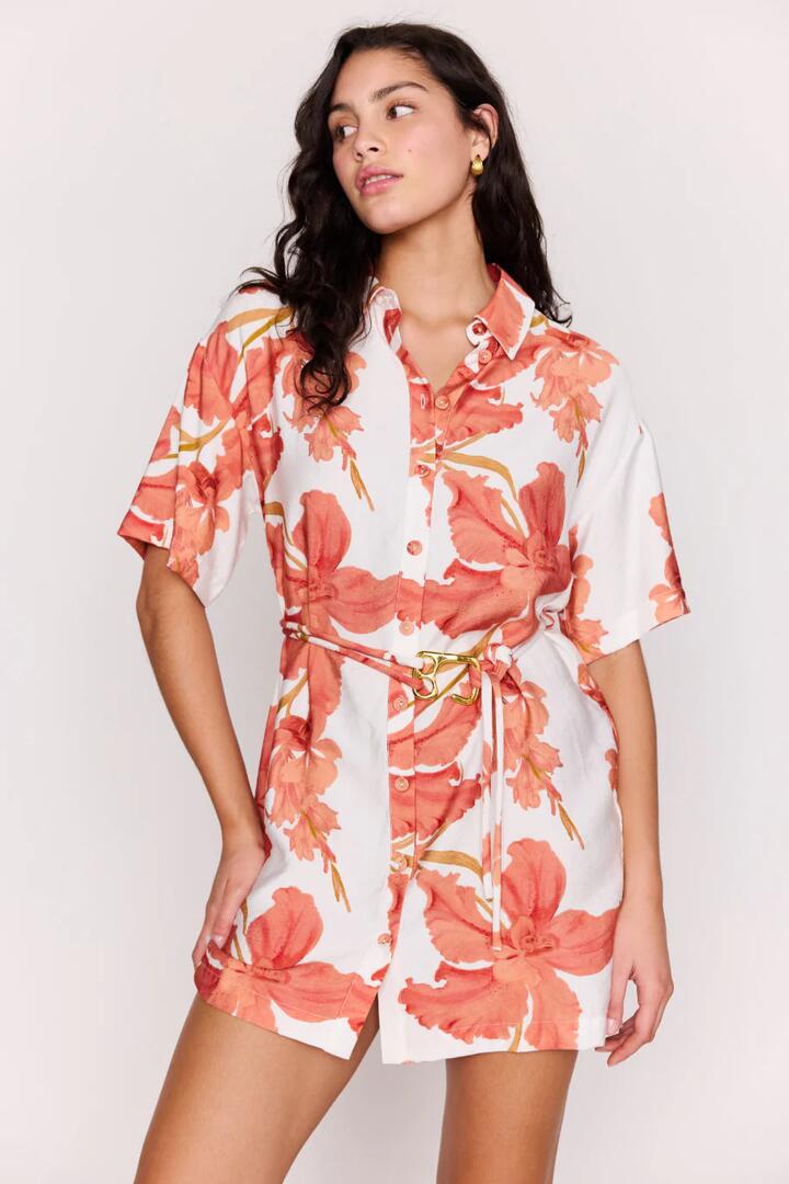 Image of Dresses. Product name - Isla Peach Floral SS Mini Shirt Dress in Peach colour by brand - Mink Pink