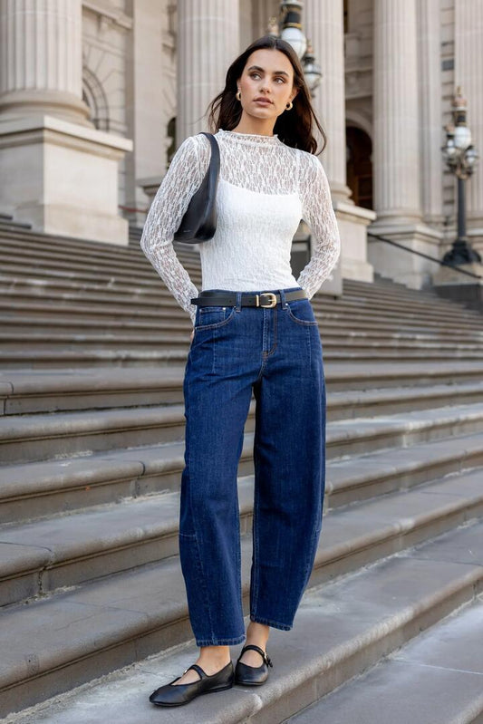Image of Jeans. Product name - Graduate Dark Blue Stretch Barrel Jeans in Dark Blue colour by brand - Among the Brave
