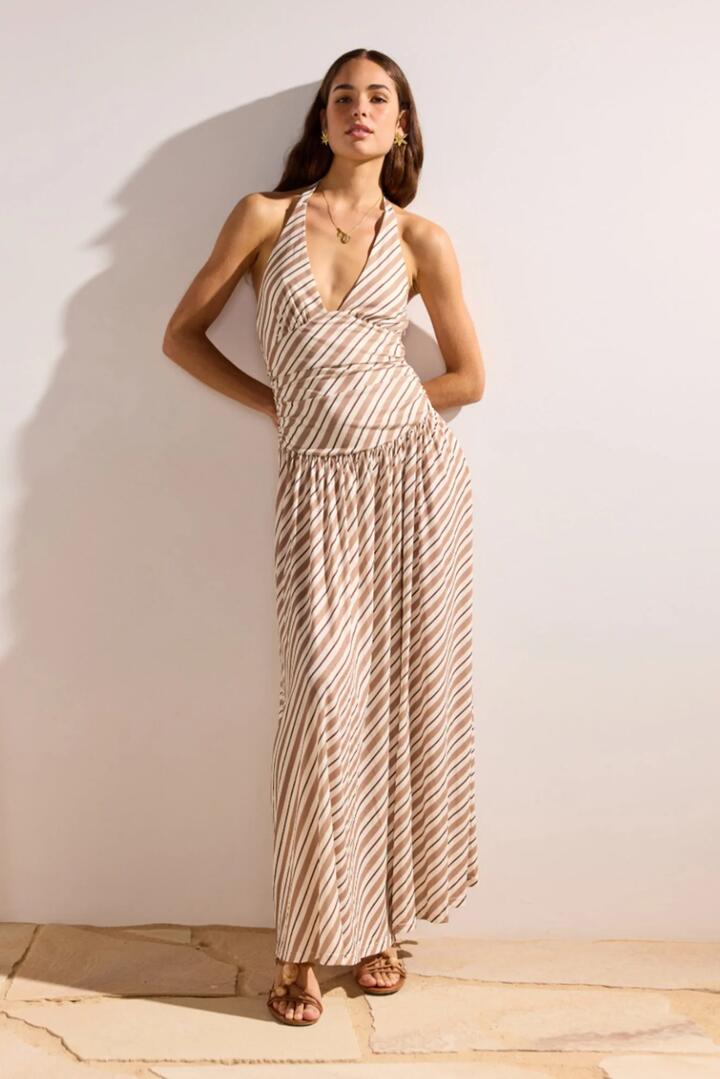 Image of Dresses. Product name - Orielle Brown Cream Stripe Halter Mesh Maxi Dress in Neutral Stripe colour by brand - Mink Pink