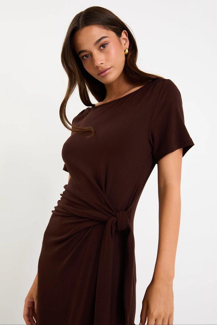 Image of Dresses. Product name - Vortex Chocolate Short Sleeve Waist Tie Knit Tee Shirt Dress in Chocolate colour by brand - Among the Brave