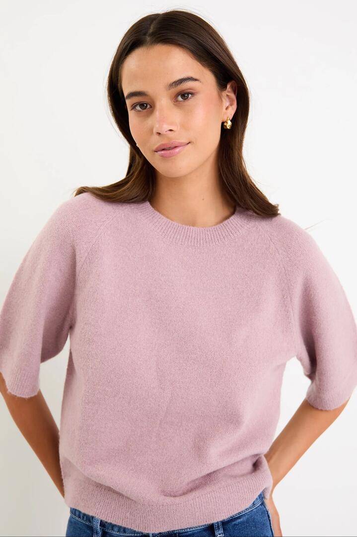 Image of a model wearing Outerwear. Product name - Assemble Blush Alpaca Blend Raglan Knit Tee in Blush colour by brand - Among the Brave