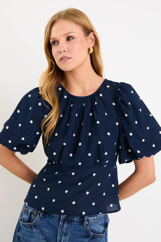 Image of a model wearing Tops. Product name - Finali Navy Polka Dot Bubble Sleeve Top in Navy Polka Dot colour by brand - Stories be Told