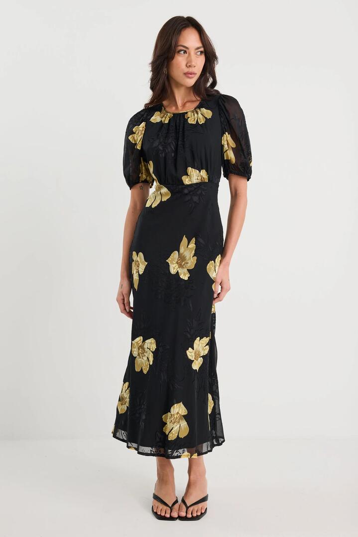 Image of Dresses. Product name - Precious Black Yellow Floral Puff Sleeve Midi Dress in Black Yellow Floral colour by brand - Georgia Zoe