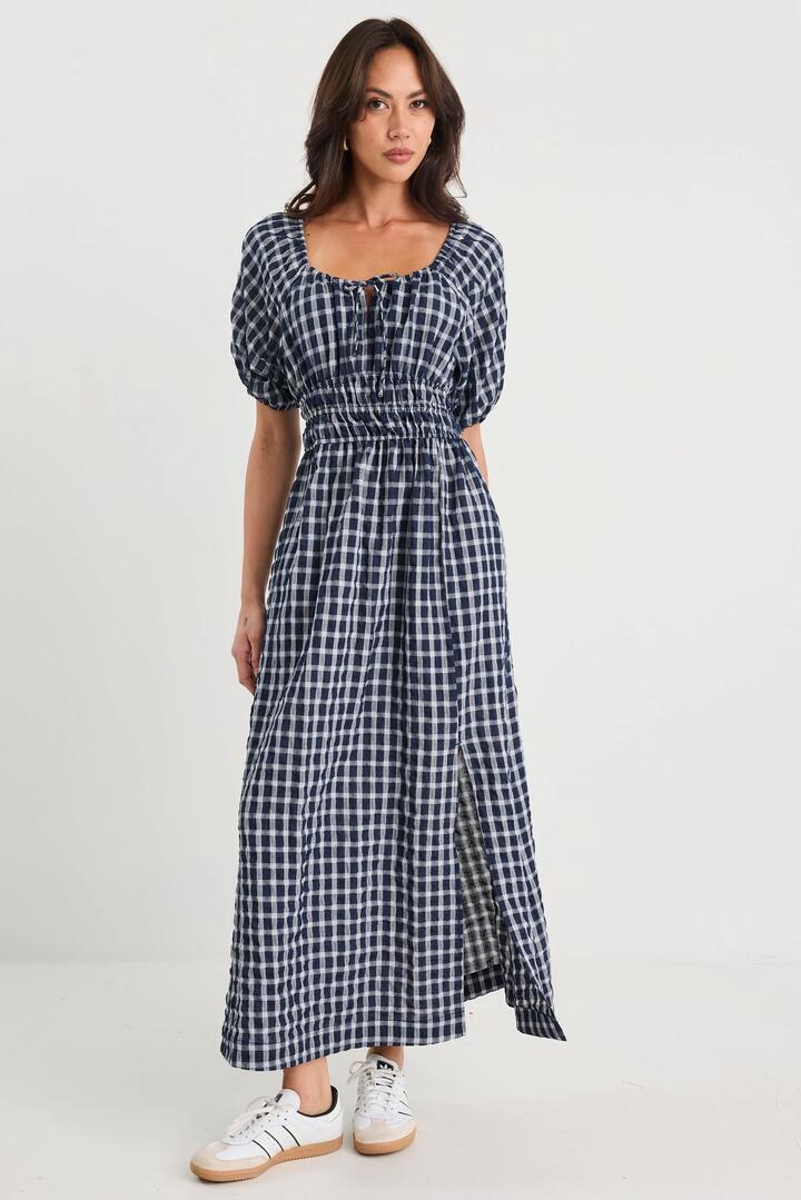 Image of Dresses. Product name - Ritual Ink Check Short Sleeve Poet Midi Dress in Ink Check colour by brand - Stories be Told