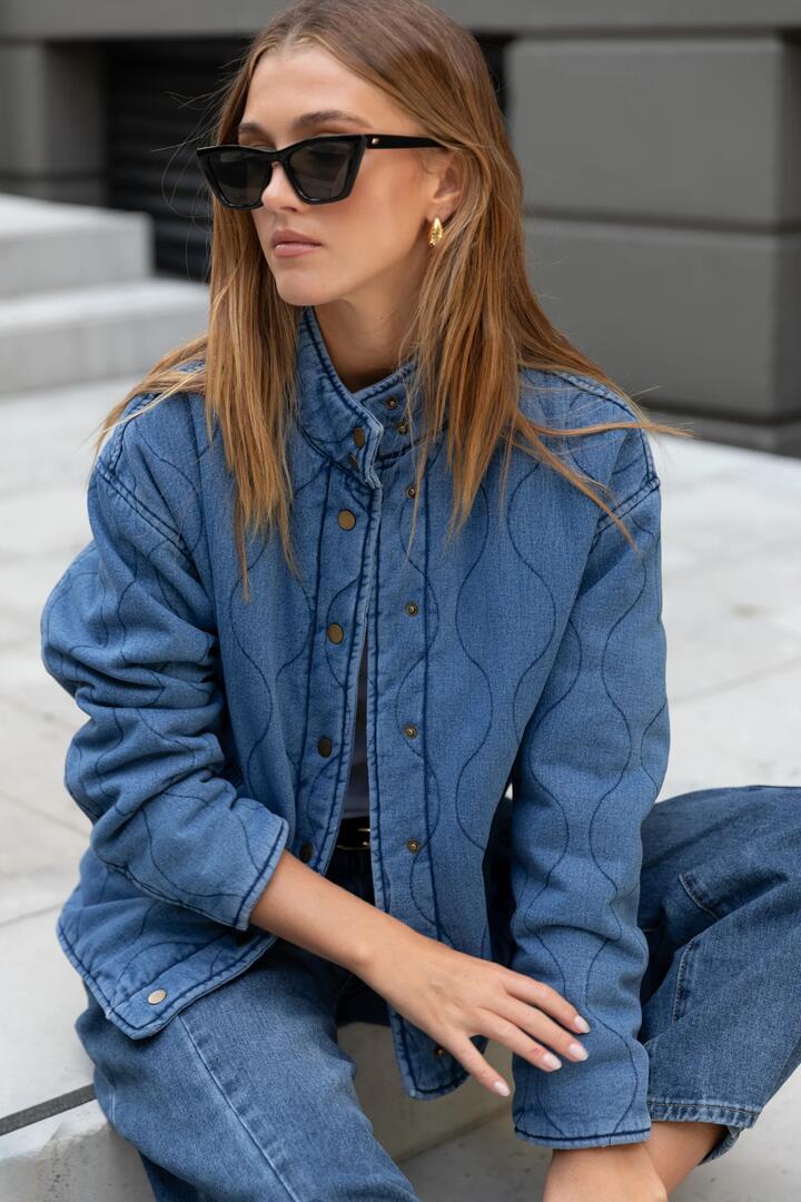 Image of Coats & Jackets. Product name - Apex Storm Blue Denim Collared Quilted Jacket in Storm Blue Denim colour by brand - Stories be Told
