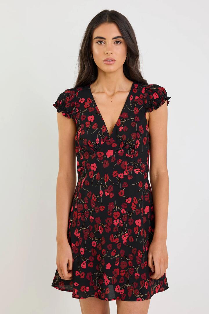 Image of Dresses. Product name - Derry Black Poppy Print Lightweight Cap Sleeve V Neck Mini Dress in Black Poppy Print colour by brand - Georgia Zoe