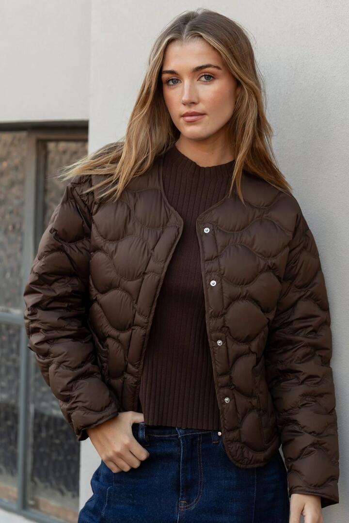 Image of Coats & Jackets. Product name - Premium Chocolate Down Filled Quilted Puffer Jacket in Chocolate colour by brand - By Rosa.