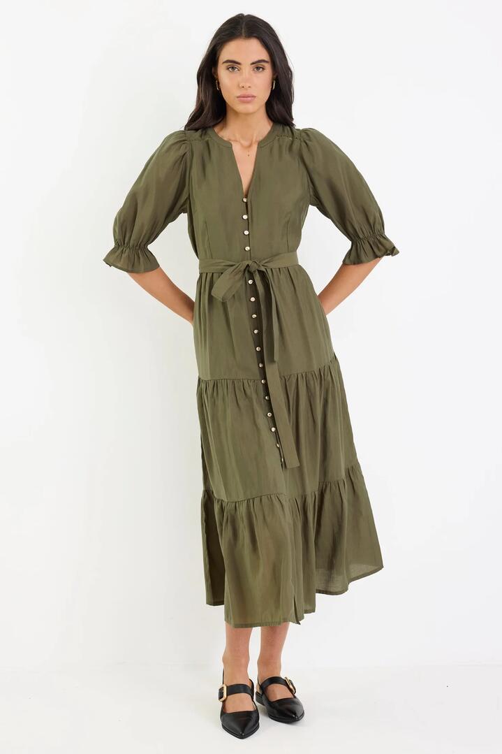 Image of Dresses. Product name - Irresistible Khaki SS Button Front Tiered Maxi Dress in Khaki colour by brand - By Rosa.