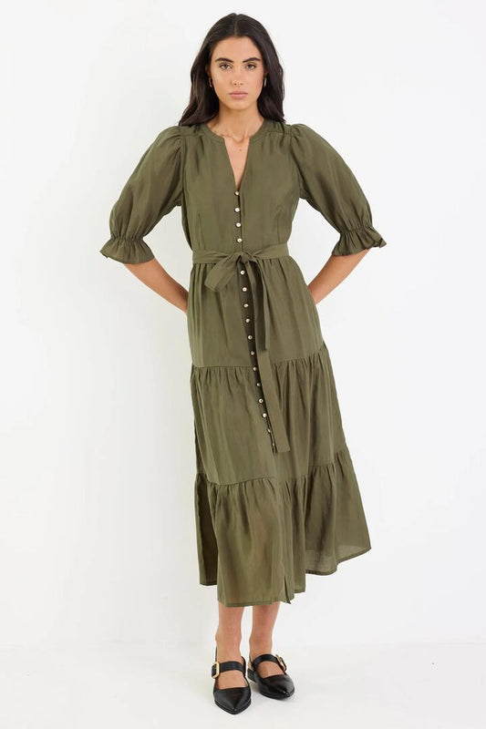 Image of Dresses. Product name - Irresistible Khaki SS Button Front Tiered Maxi Dress in Khaki colour by brand - By Rosa.
