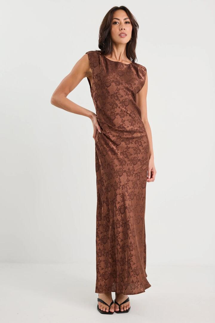 Image of Dresses. Product name - Fruition Mocha Jacquard Satin Bias Sleeveless Maxi Dress in Mocha Jacquard colour by brand - Georgia Zoe