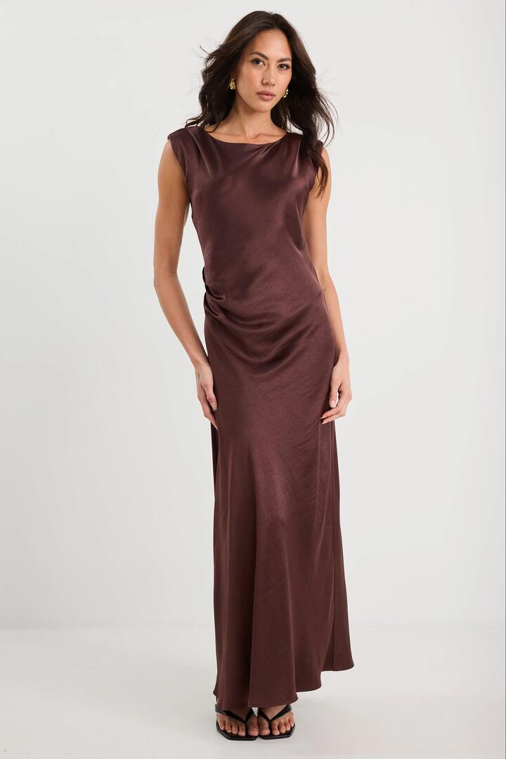 Image of Dresses. Product name - Fruition Chocolate Satin Bias Sleeveless Maxi Dress in Chocolate Satin colour by brand - Georgia Zoe