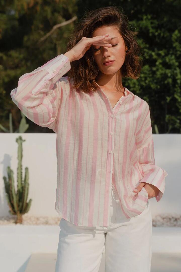 Image of Shirts. Product name - Construct Pink Cream Stripe Oversized Shirt in Pink Cream Stripe colour by brand - Ivy + Jack