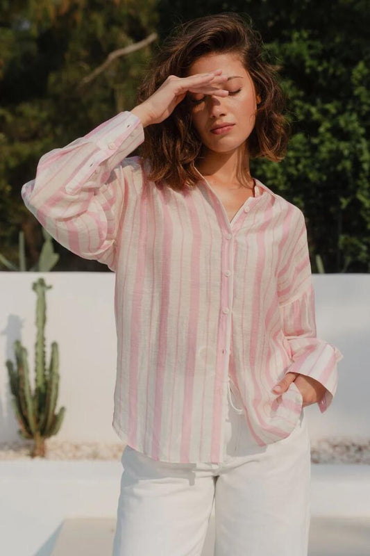 Image of Shirts. Product name - Construct Pink Cream Stripe Oversized Shirt in Pink Cream Stripe colour by brand - Ivy + Jack