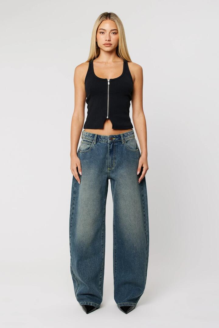 Image of Jeans. Product name - 95 Ava Dark Washed Denim Contrast Stich Mid Barrel Jean in Blue colour by brand - Abrand Jeans