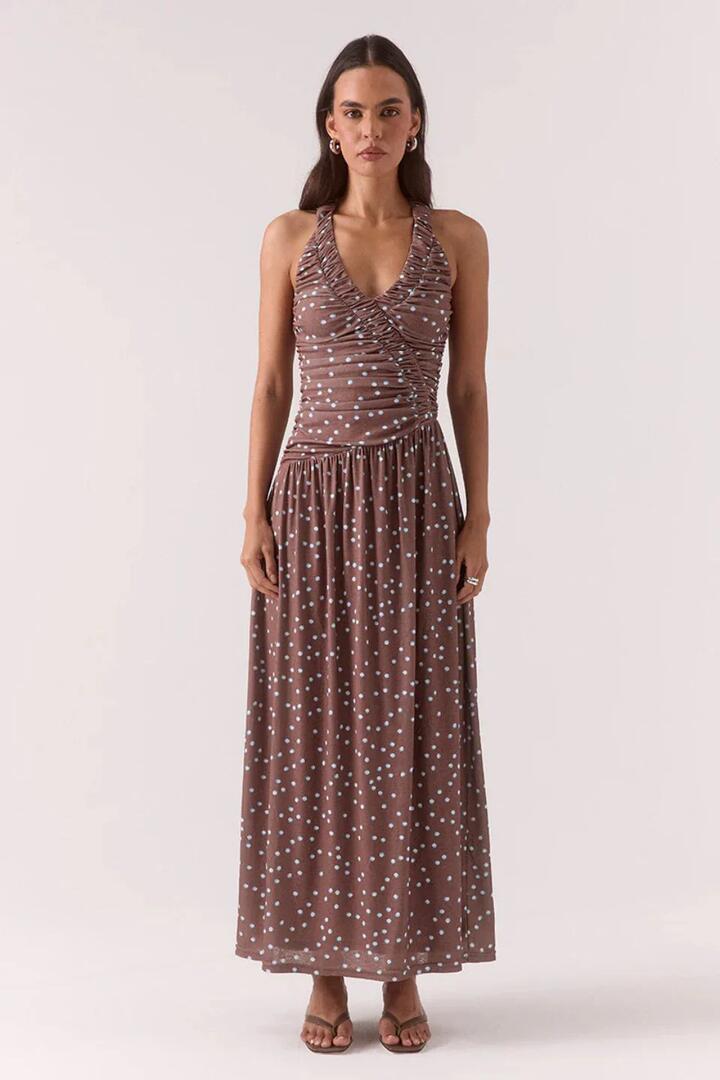 Image of Dresses. Product name - Delilah Mocha Polka Dot Sleeveless Maxi Dress in Brown colour by brand - Sovere