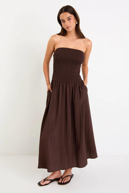 Image of Dresses. Product name - Athens Chocolate Strapless Shirred Bodice Maxi Dress in Chocolate colour by brand - Among the Brave
