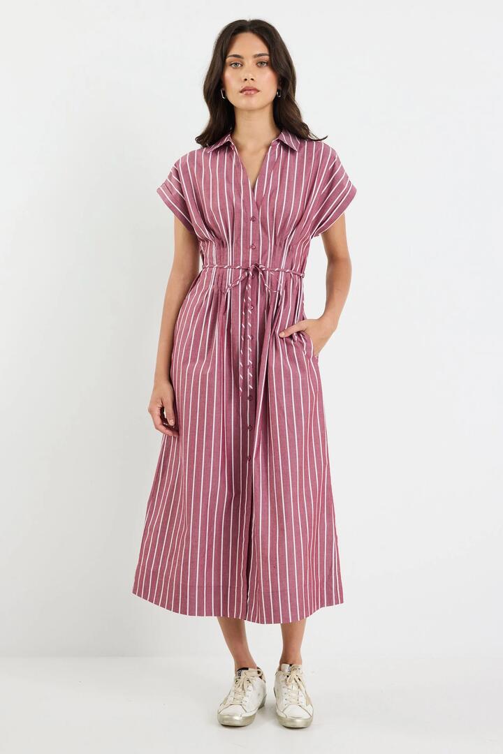 Image of Dresses. Product name - Carriage Burgundy Stripe Sleeveless Pintuck Midi Shirt Dress in Burgundy Stripe colour by brand - Stories be Told