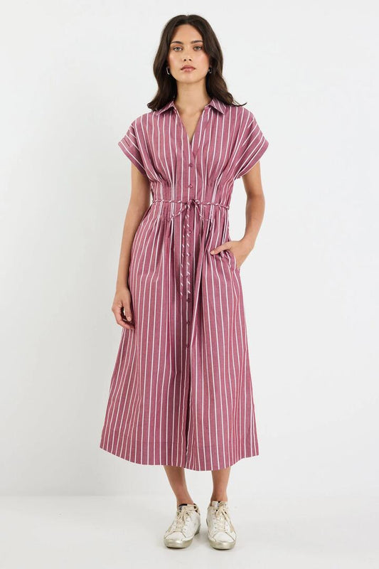Image of Dresses. Product name - Carriage Burgundy Stripe Sleeveless Pintuck Midi Shirt Dress in Burgundy Stripe colour by brand - Stories be Told