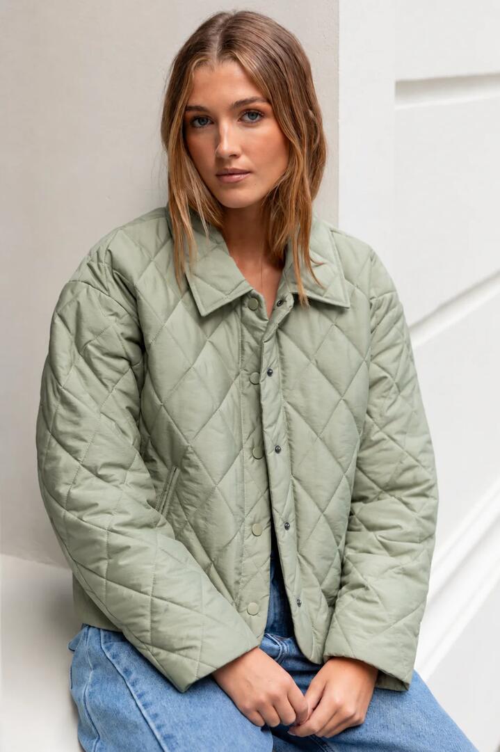 Image of Coats & Jackets. Product name - Absolute Soft Khaki Collared Quilted Puffer Jacket in Soft Khaki colour by brand - Among the Brave