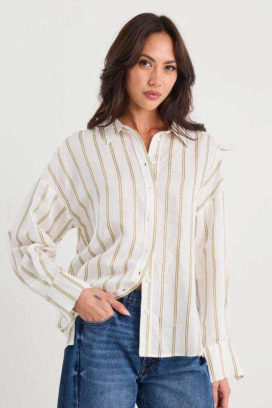 Image of Shirts. Product name - Reveal Khaki Stripe Tie Back Shirt in Khaki Stripe colour by brand - By Rosa.