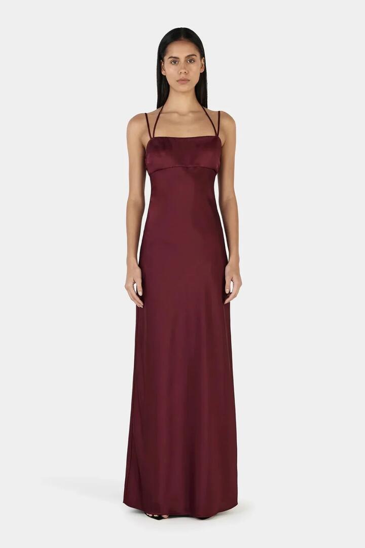 Image of Dresses. Product name - Talulah Burgundy Satin Strappy Maxi Dress in Burgundy colour by brand - Ownley
