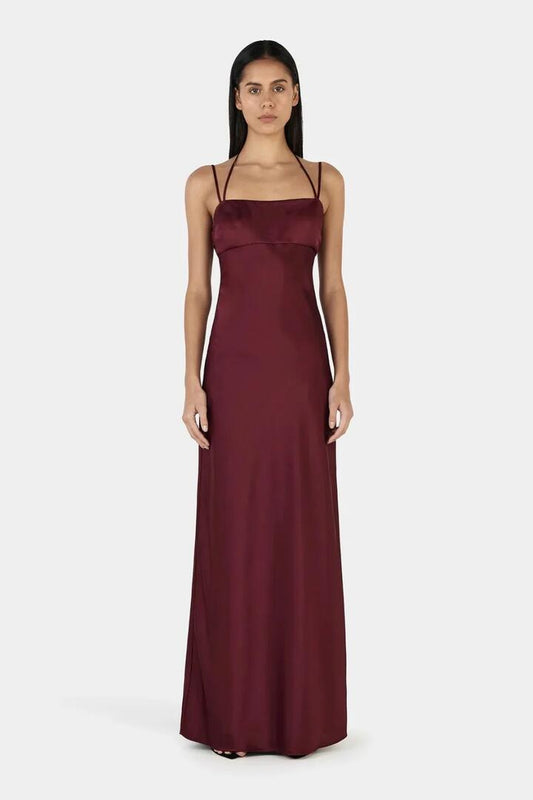 Image of Dresses. Product name - Talulah Burgundy Satin Strappy Maxi Dress in Burgundy colour by brand - Ownley