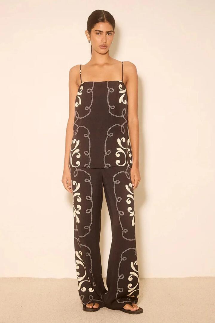 Image of a model wearing Pants. Product name - Savanna Black Contrast Print Pant in Black colour by brand - Mon Renn