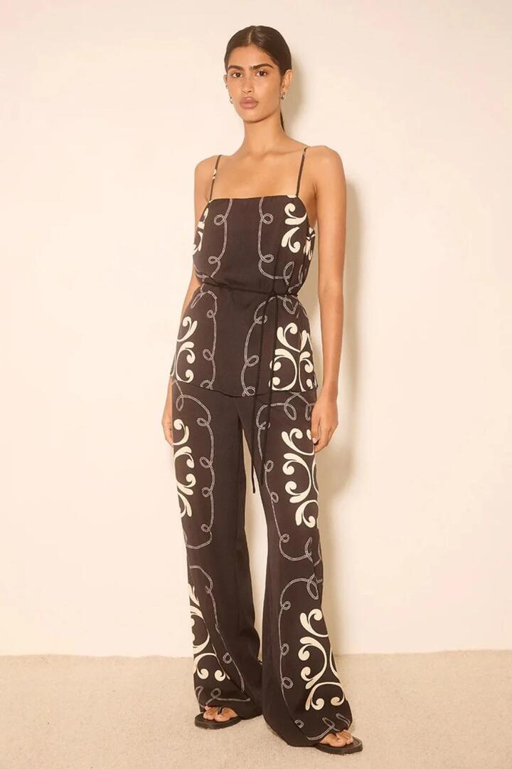 Image of a model wearing Tops. Product name - Savanna Black Contrast Print Strappy Top in Black colour by brand - Mon Renn