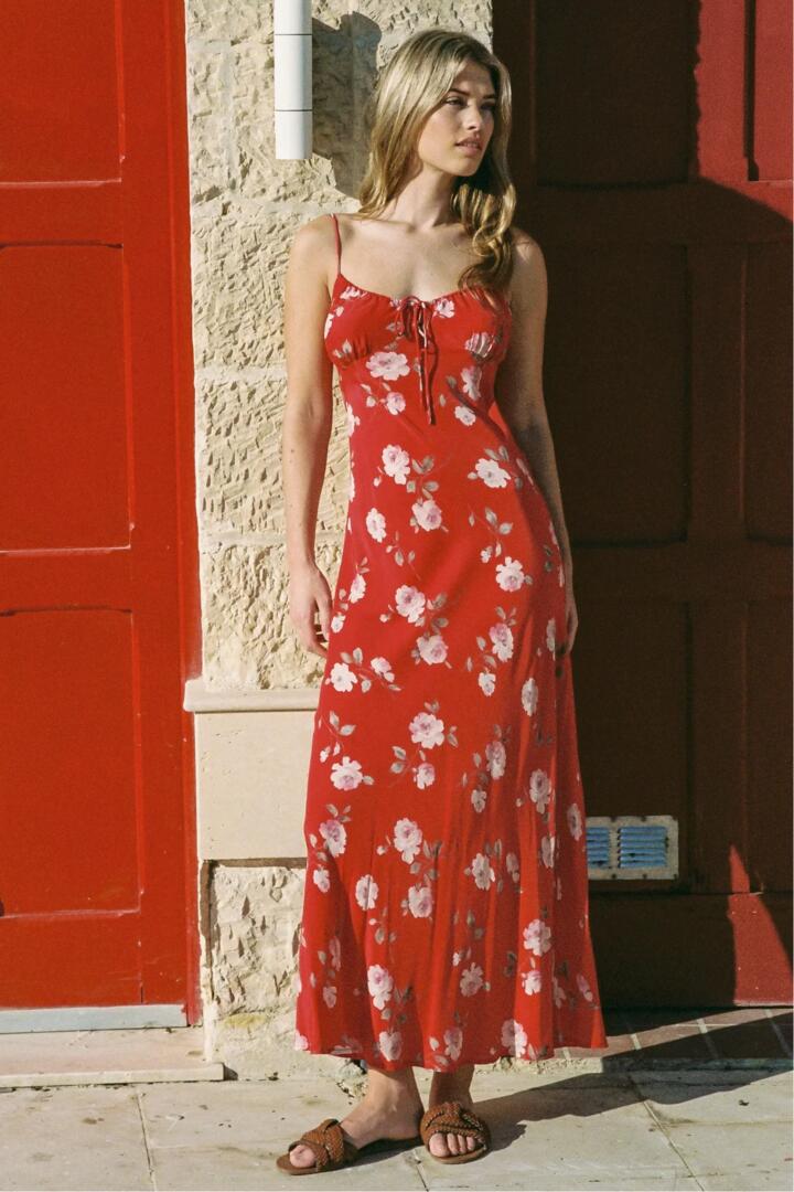 Image of Dresses. Product name - Anne Red Floral Tie Front Strappy Maxi Dress in Red colour by brand - Auguste The Label