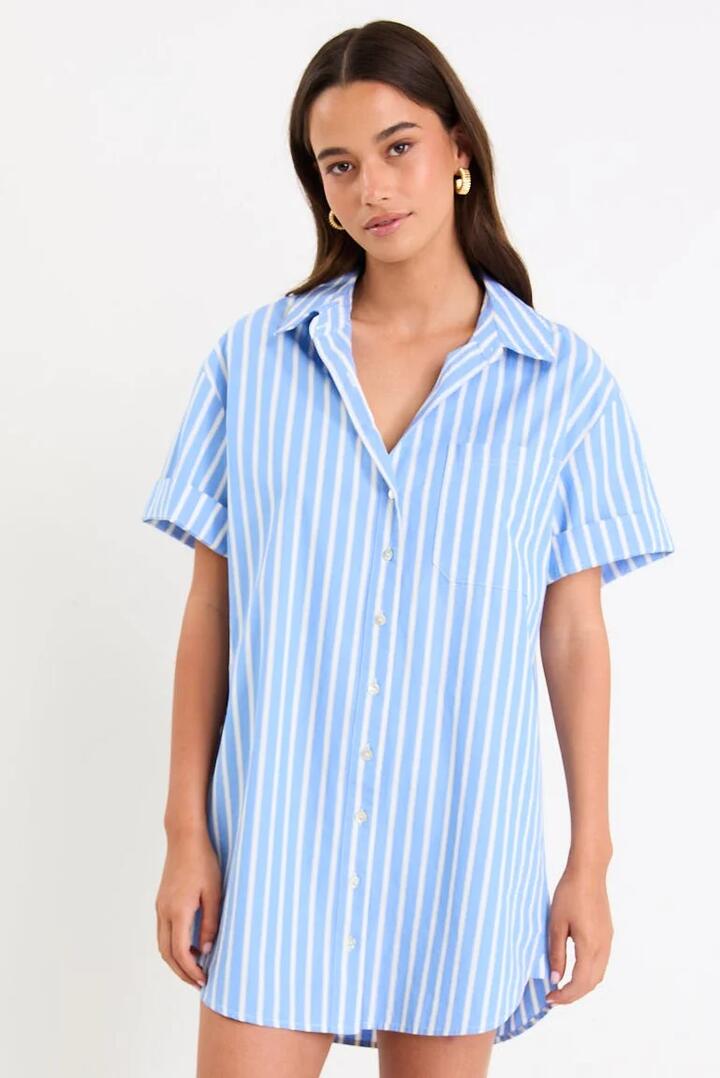 Image of Dresses. Product name - Mykonos Blue Stripe Short Sleeves Mini Shirt Dress in Blue Stripe colour by brand - Stories be Told
