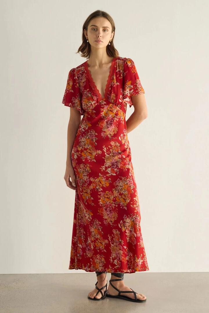 Image of Dresses. Product name - Calais Red Floral Flutter Sleeve Lace V Neck Midi Dress in Red colour by brand - Auguste The Label