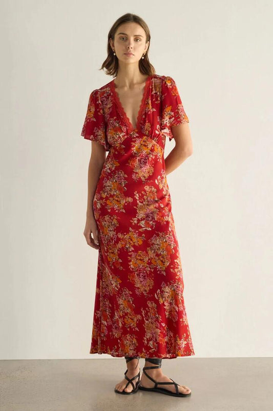 Image of Dresses. Product name - Calais Red Floral Flutter Sleeve Lace V Neck Midi Dress in Red colour by brand - Auguste The Label