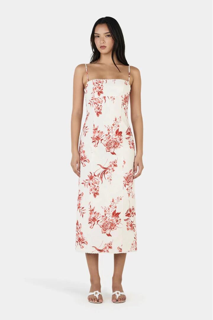 Image of Dresses. Product name - Ophelia White Holiday Floral Strappy Midi Dress in White colour by brand - Ownley