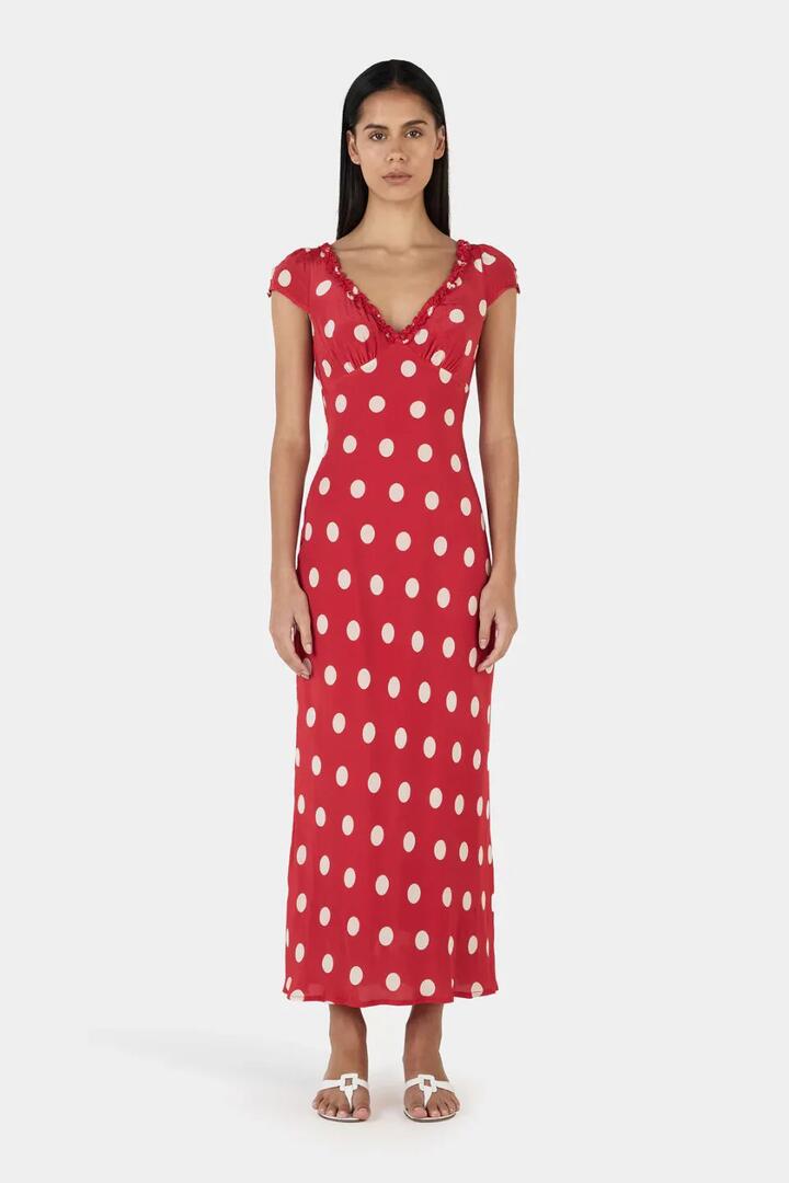 Image of Dresses. Product name - Carlita Red Polka SS Back Tie Midi Dress in Red colour by brand - Ownley