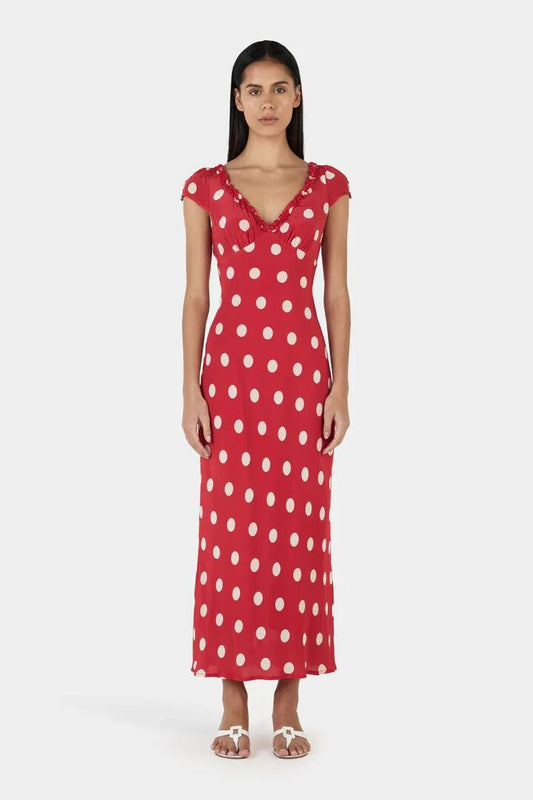 Image of Dresses. Product name - Carlita Red Polka SS Back Tie Midi Dress in Red colour by brand - Ownley