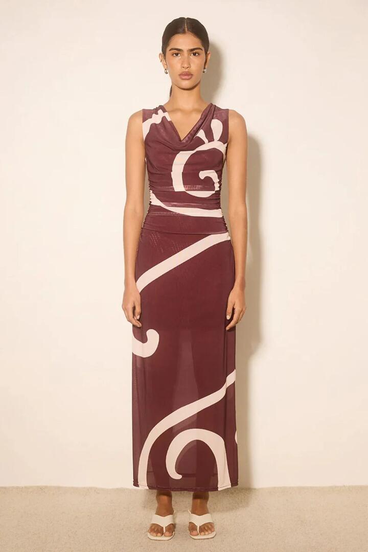 Image of Dresses. Product name - Sierra Plum Swirl Sleeveless Cowl Neck Mesh Maxi Dress in Red colour by brand - Mon Renn