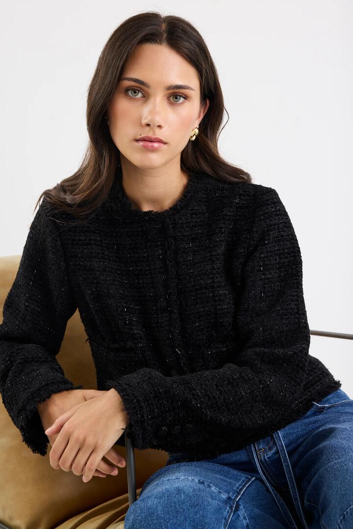 Image of Coats & Jackets. Product name - Honoured Black Texture Tweed Buttoned Jacket in Black Texture colour by brand - Ivy + Jack